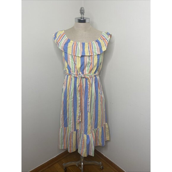 Draper James Rainbow Striped Maxi Dress L Ruffle Tie Waist Off The Shoulder - Picture 1 of 10